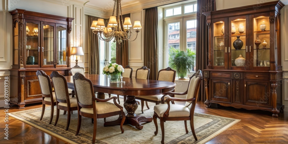 Obraz premium Elegant dining room with dark wood classical furniture, elegant, dining room, dark wood, classical, furniture
