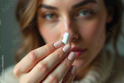 Hands holding pills, a sick woman struggling with a difficult choice about contraceptives, emotional weight