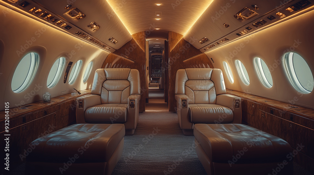 A high-end, luxurious interior view of a VIP airplane cabin with comfortable leather seats, sophisticated ambient lighting, and large windows offering an aerial view A high-end, luxurious interior view of a VIP airplane cabin with comfortable leather seats, sophisticated ambient lighting, and large windows offering an aerial view