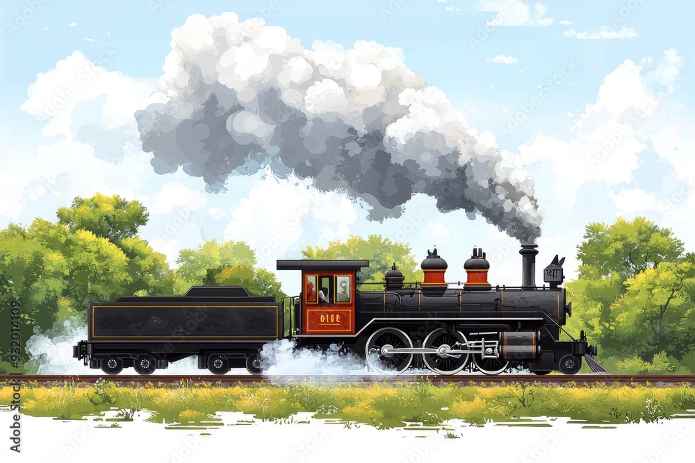 Fototapeta premium Steam Train Locomotive with Smoke Trails Through Rural Landscape