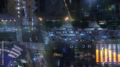 Overhead Aerial View Of A City Intersection With Futuristic Technology. Augmented Reality and Financial Interfaces Highlight Traffic Patterns And Connections, Integrating Social Media And Data.