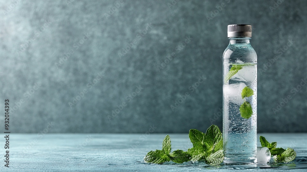 Ice mint bottle on blue surface, with gray background wall Ice mint bottle on blue surface, with gray background wall