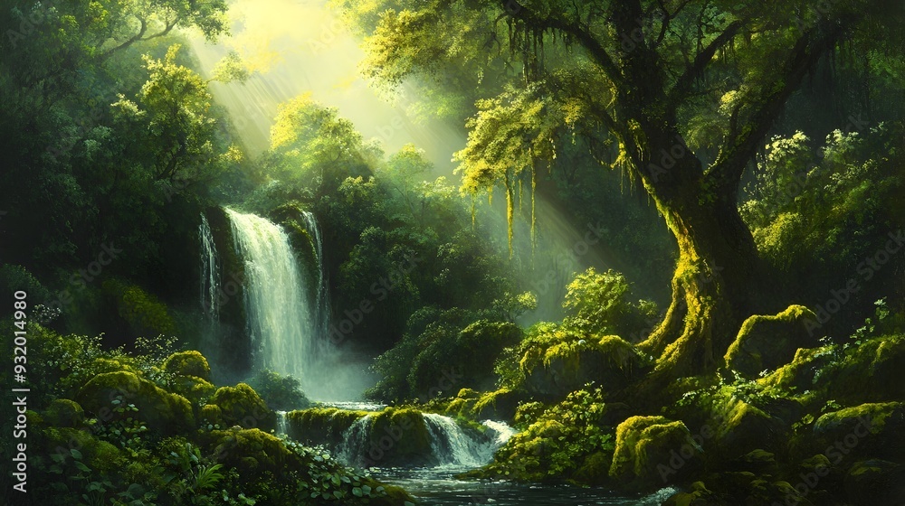 Fototapeta premium Lush Rainforest Landscape with Hidden Waterfall and Shafts of Sunlight