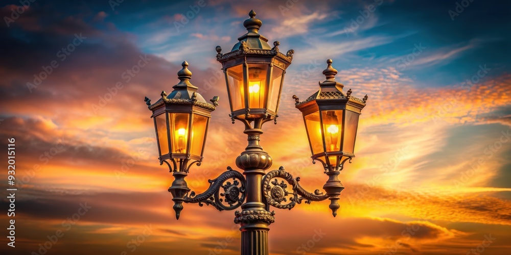 Obraz premium Vintage pole street light with intricate design and warm glow, retro, antique, classic, urban, lighting