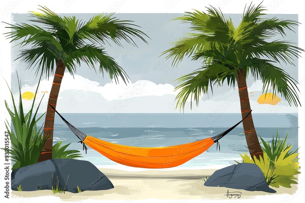Fototapeta premium Relaxing Hammock Under Palm Trees on the Beach