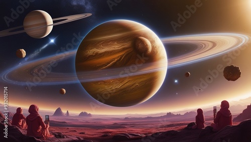 Muslim women watching the sunset on a distant planet