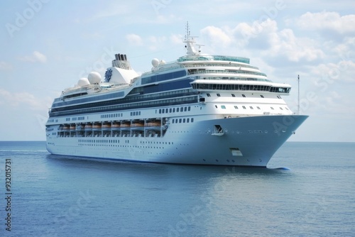 A magnificent cruise ship sails gracefully on calm blue waters under clear, sunny skies