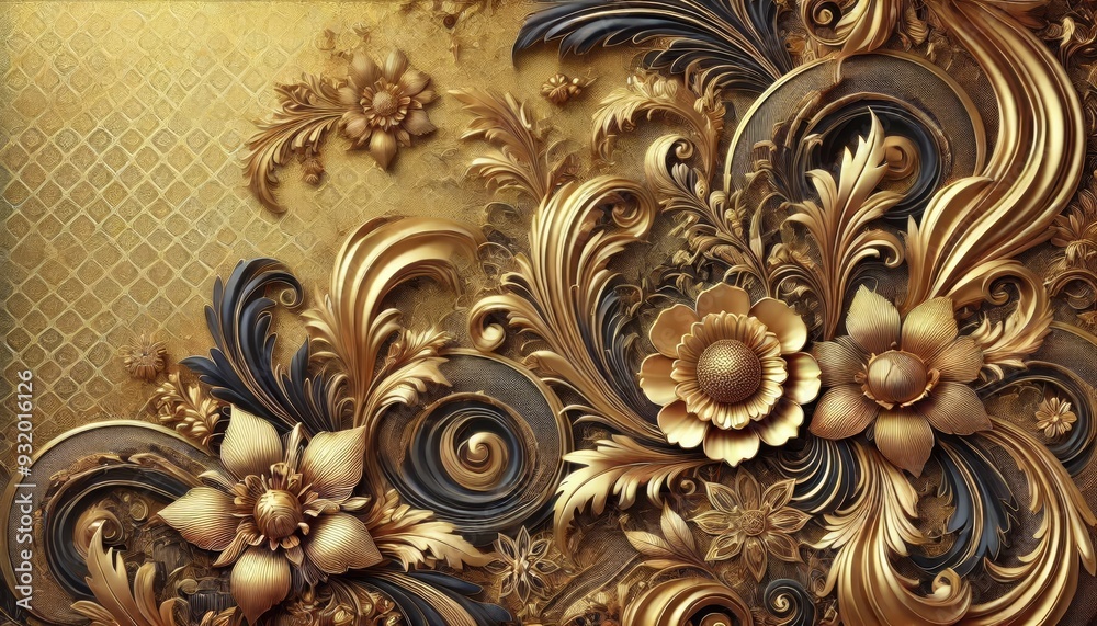 3D-rendered ornate floral design with gold and black elements, featuring intricate details and luxurious textures in a baroque style 3D-rendered ornate floral design with gold and black elements, featuring intricate details and luxurious textures in a baroque style