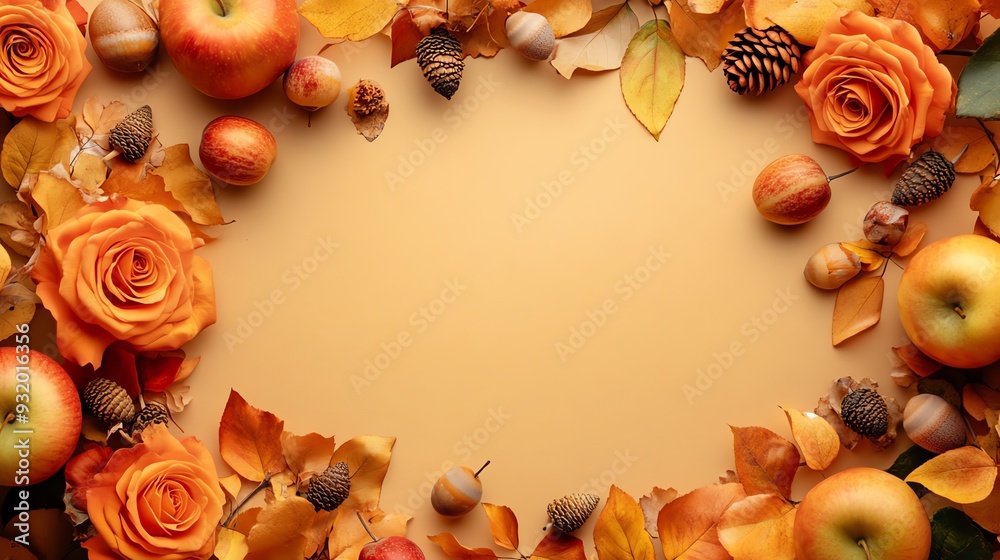 A beautiful autumn arrangement featuring orange roses, apples, and natural elements, perfect for seasonal decorations and themes.
