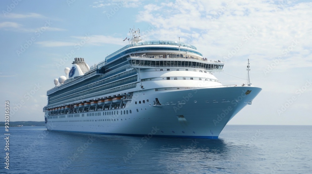 A magnificent cruise ship sails gracefully on calm blue waters under clear, sunny skies A magnificent cruise ship sails gracefully on calm blue waters under clear, sunny skies