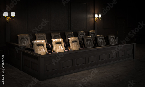 Empty jury box in dark courtroom awaiting jury members