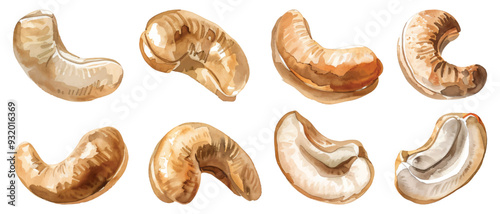 Set collection of watercolor roasted cashew nuts design resources elements