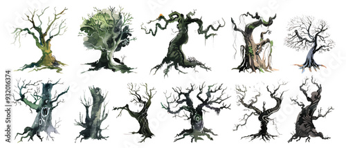 Set collection of watercolor scary dead mysterious spooky trees design resources elements