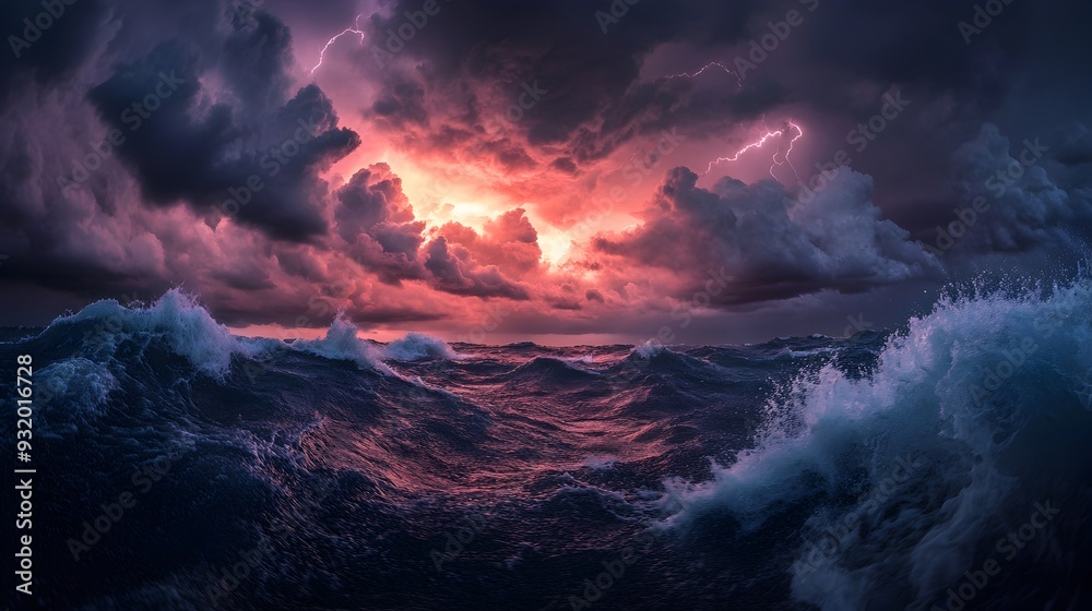 Dramatic Seascape with Tempestuous Thunderstorm Over Turbulent Ocean Horizon
