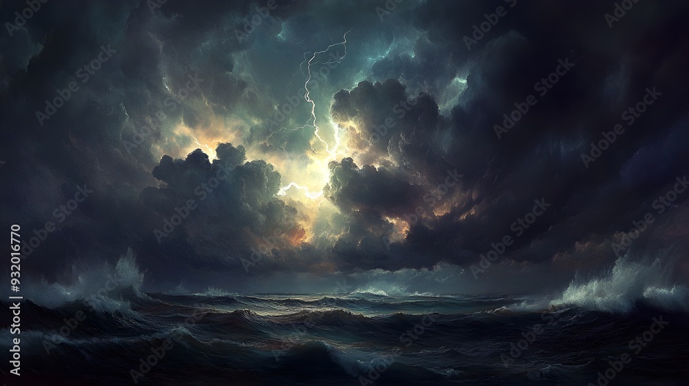 Dramatic Thunderstorm Over Vast Ocean With Lightning Illuminating Dark Clouds And Crashing Waves In Dramatic Thunderstorm Over Vast Ocean With Lightning Illuminating Dark Clouds And Crashing Waves In