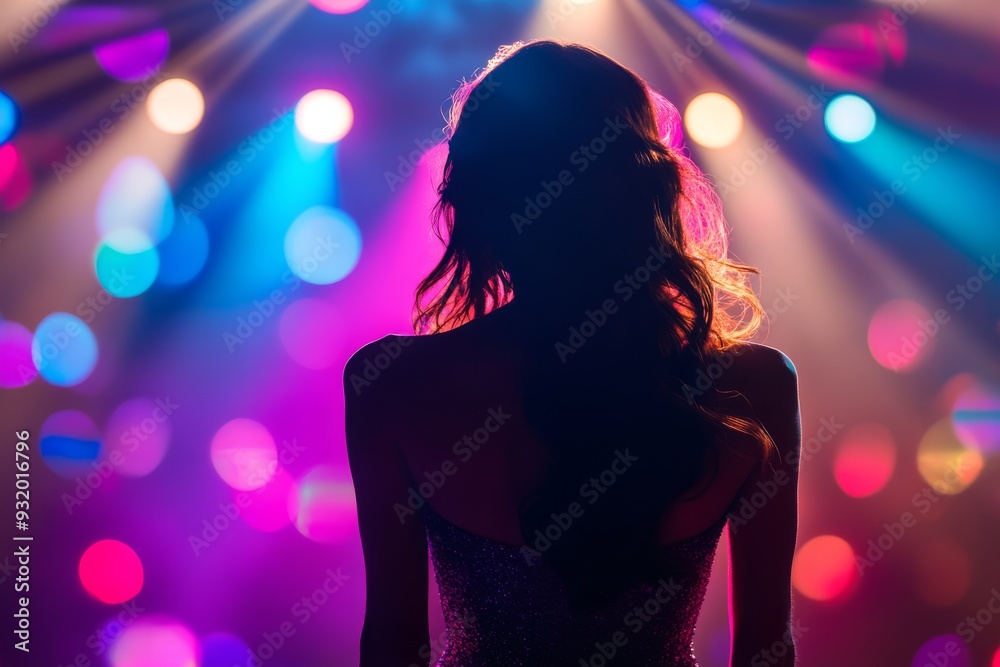 Vibrant nightlife scene of a woman at a concert with colorful lights creating a dynamic backdrop capturing the excitement energy and social connection of live music in a festive atmosphere Vibrant nightlife scene of a woman at a concert with colorful lights creating a dynamic backdrop capturing the excitement energy and social connection of live music in a festive atmosphere