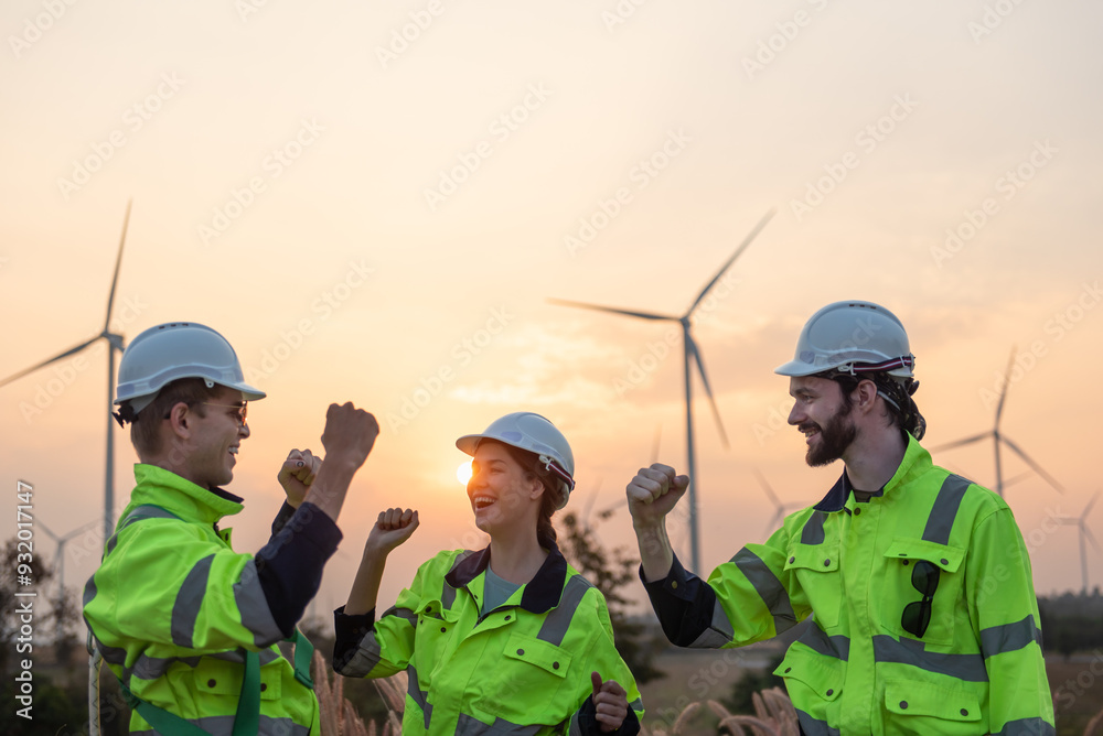 Engineers working on site in wind turbine farm, Wind turbines generate clean energy source, Eco technology for electric, industry environment Engineers working on site in wind turbine farm, Wind turbines generate clean energy source, Eco technology for electric, industry environment