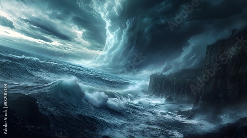 Colossal Stormy Seascape with Crashing Waves and Rugged Windswept Cliffs photo