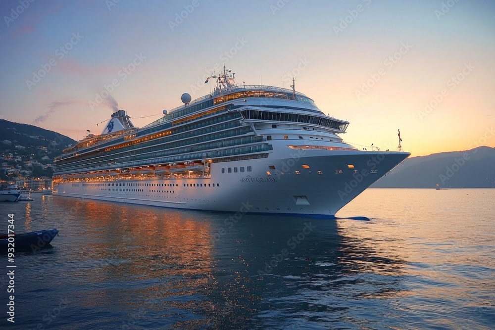 A Majestic Cruise Ship Gracefully Sailing into a Colorful Sunset Over Peaceful, Calm Waters A Majestic Cruise Ship Gracefully Sailing into a Colorful Sunset Over Peaceful, Calm Waters