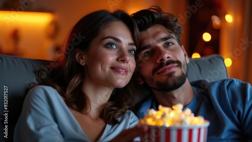 A couple is enjoying a cozy evening together, watching a movie and sharing a bowl of popcorn in a warmly-lit living room. The atmosphere is intimate and romantic.