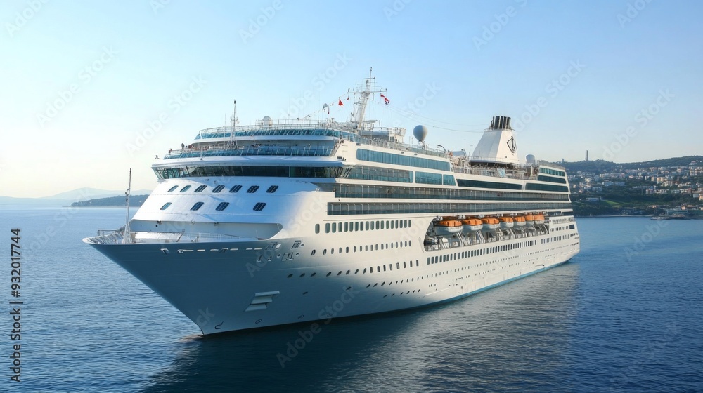 A magnificent cruise ship sails gracefully on calm blue waters under clear, sunny skies A magnificent cruise ship sails gracefully on calm blue waters under clear, sunny skies
