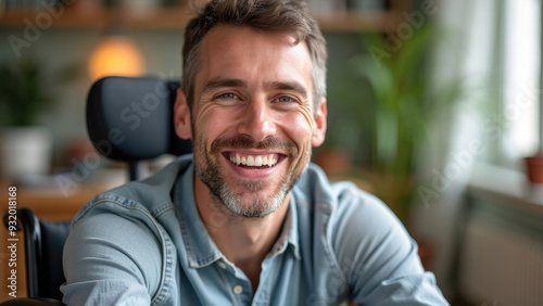 A cheerful man in a wheelchair grins widely in a comforting indoor environment, surrounded by cozy furnishings and warm light. The scene radiates positivity and warmth. photo