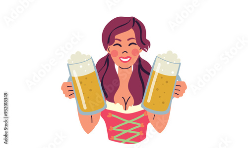 Germany Girl waitress carries beer glasses. Oktoberfest celebration. Vector illustration in flat cartoon style isolate on white.