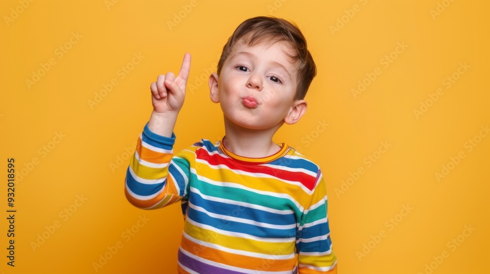 A cute boy playfully points upward, wearing a vibrant striped shirt, with a bright yellow background accentuating his expression A cute boy playfully points upward, wearing a vibrant striped shirt, with a bright yellow background accentuating his expression