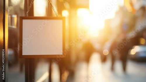 A blank sign hanging in a sunlit street, perfect for advertising or adding a personalized message in a vibrant urban setting.