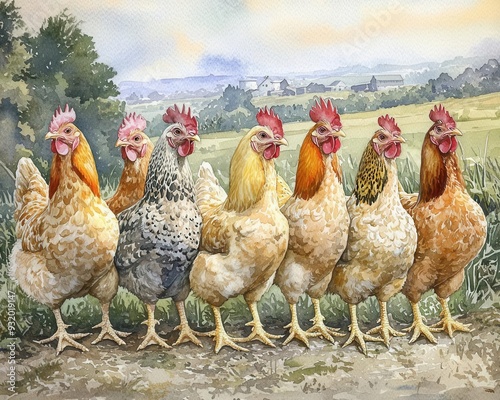 The realistic watercolor painting of Cornish broiler poultry farming, detailed chickens from Galliformes bred for meat, set against a natural farm backdrop, soft and vibrant hues photo