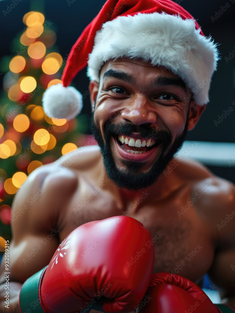 A joyful man wearing red boxing gloves and a Santa hat stands cheerfully at a gym, with a bright and festively decorated Christmas tree in the background, reflecting holiday cheer and vigor. A joyful man wearing red boxing gloves and a Santa hat stands cheerfully at a gym, with a bright and festively decorated Christmas tree in the background, reflecting holiday cheer and vigor.