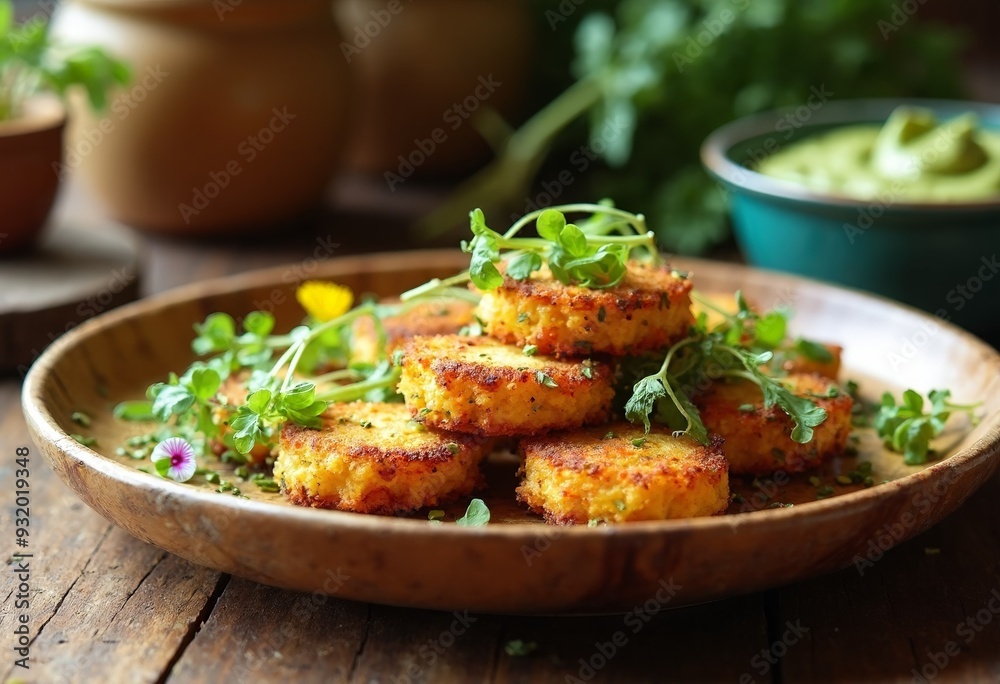 Vegan fritters made from upcycled vegetable pulp with avocado-lime dipping sauce, served on a rustic wooden platter.
