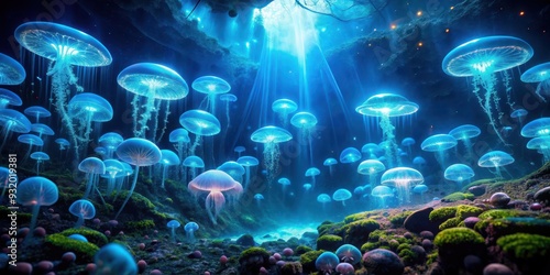 Bioluminescent creatures lighting up the dark underwater world, underwater, bioluminescent, creatures, sea life