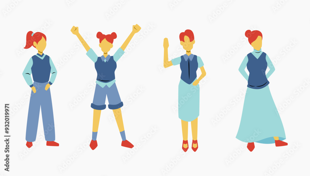 Fototapeta premium Set of girls using vest semi formal style with cute hairstyle, back to school illustration resource for posters and banners