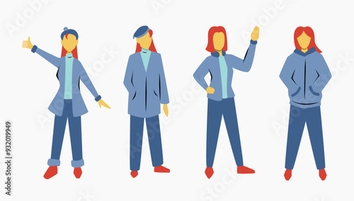 Set of girl with casual clothes standing in the middle of cold weather. Winter and autumn season illustrations for cute posters and banners