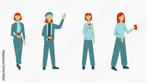 Set of girls holding a cup of coffee in a cold day, autumn and winter illustration, design source for poster and banner