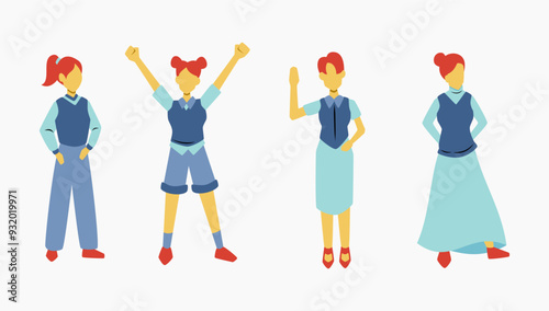 Set of girls using vest semi formal style with cute hairstyle, back to school illustration resource for posters and banners