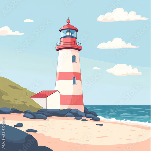 cute and kawaii illustrations of a lighthouse tower on the beach. Lighthouse or searchlight on sea landscape. Seaside coast with blue water, clouds on sky, lighthouse building.