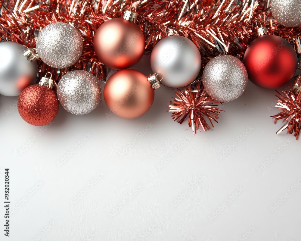 Festive decorations of tinsel and baubles, Christmas ornaments, Holiday sparkle Festive decorations of tinsel and baubles, Christmas ornaments, Holiday sparkle