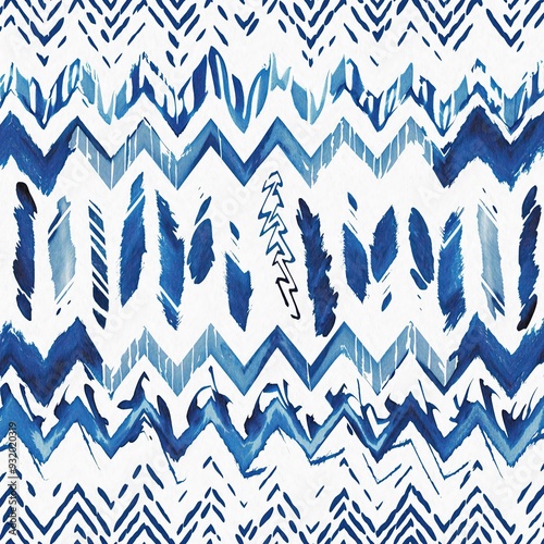 Summery ikat zig zag pattern in painterly brushstroke digital design. Modern coastal living printed chevron textile decor in seamless all over template.  photo