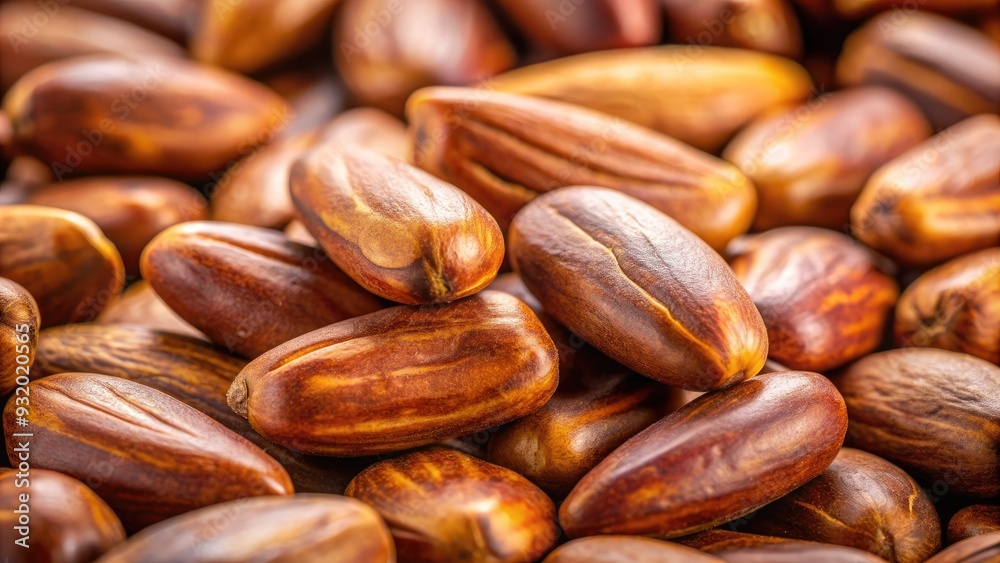 Close-up of a handful of brown jojoba seeds, also known as desert gold, with their smooth, oval shape and subtle sheen, on a neutral background. Close-up of a handful of brown jojoba seeds, also known as desert gold, with their smooth, oval shape and subtle sheen, on a neutral background.