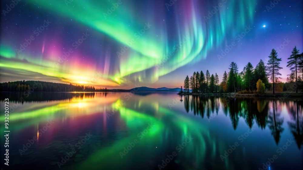 A stunning aurora borealis display over a peaceful lake , Aurora borealis, northern lights, serene, lake, reflection, colorful A stunning aurora borealis display over a peaceful lake , Aurora borealis, northern lights, serene, lake, reflection, colorful
