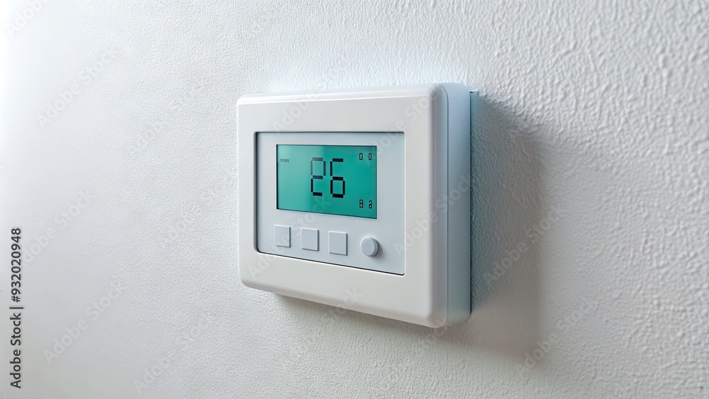 Close-up of a modern digital thermostat on a white wall, displaying a comfortable room temperature, with a subtle gradient background and soft focus effect. Close-up of a modern digital thermostat on a white wall, displaying a comfortable room temperature, with a subtle gradient background and soft focus effect.