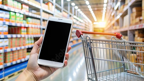 Close-up of a modern smartphone being used to scan a product's barcode, with a blurred shopping cart and store shelves in the background.