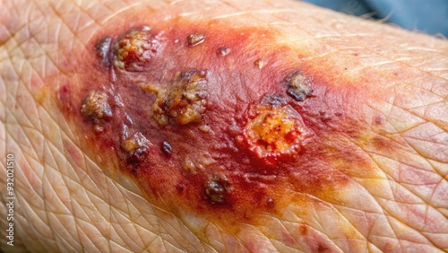 Close-up of a severe second-degree burn on human skin, with blisters, redness, and swelling, requiring immediate medical attention and proper wound care. photo