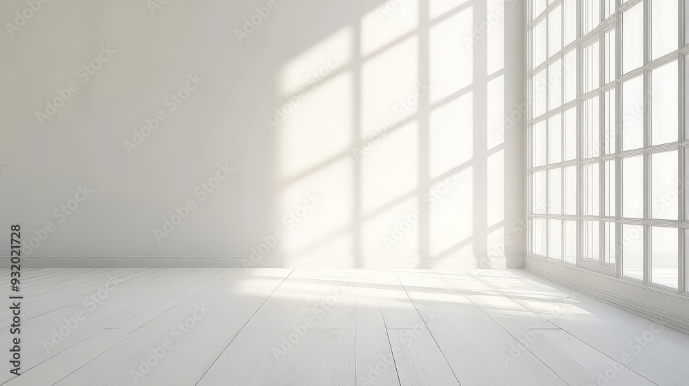 a white room with a large window and a door. There are shadows from the light coming through the window. a white room with a large window and a door. There are shadows from the light coming through the window.