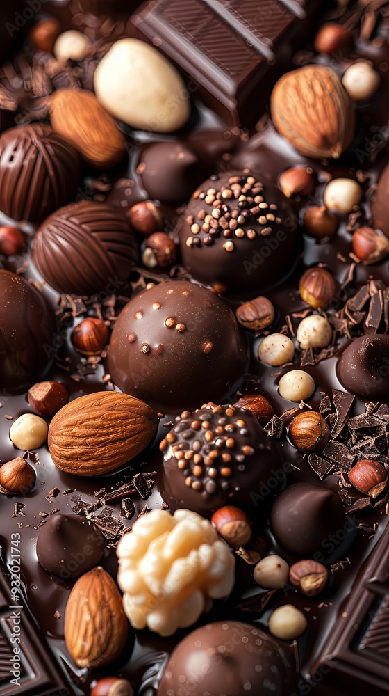 Nuts in chocolate background 
