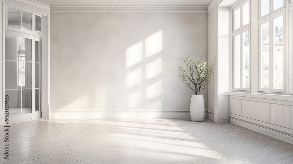 a white room with a large window and a door. There are shadows from the light coming through the window. a white room with a large window and a door. There are shadows from the light coming through the window.