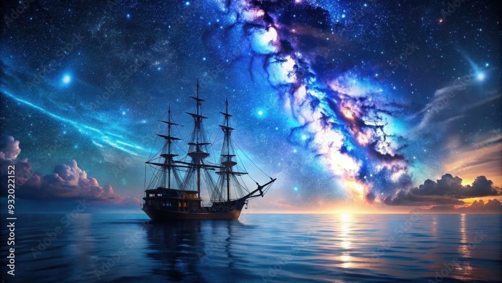 Pirate ship sailing into a bioluminescent sea with a galaxy in the sky, pirate, ship, sailing, bioluminescence, sea, galaxy Pirate ship sailing into a bioluminescent sea with a galaxy in the sky, pirate, ship, sailing, bioluminescence, sea, galaxy