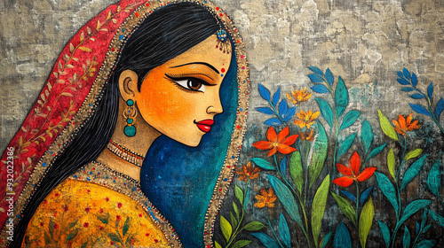 Vibrant Madhubani Art of Indian Woman in Sari on Textured Background